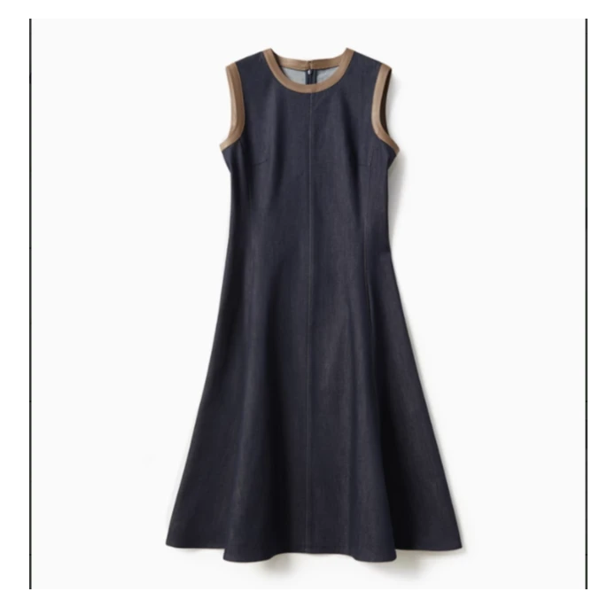 GINAYOLAN/瑾颜【丹宁】不易掉色棉弹牛仔拼皮圆领无袖连衣裙