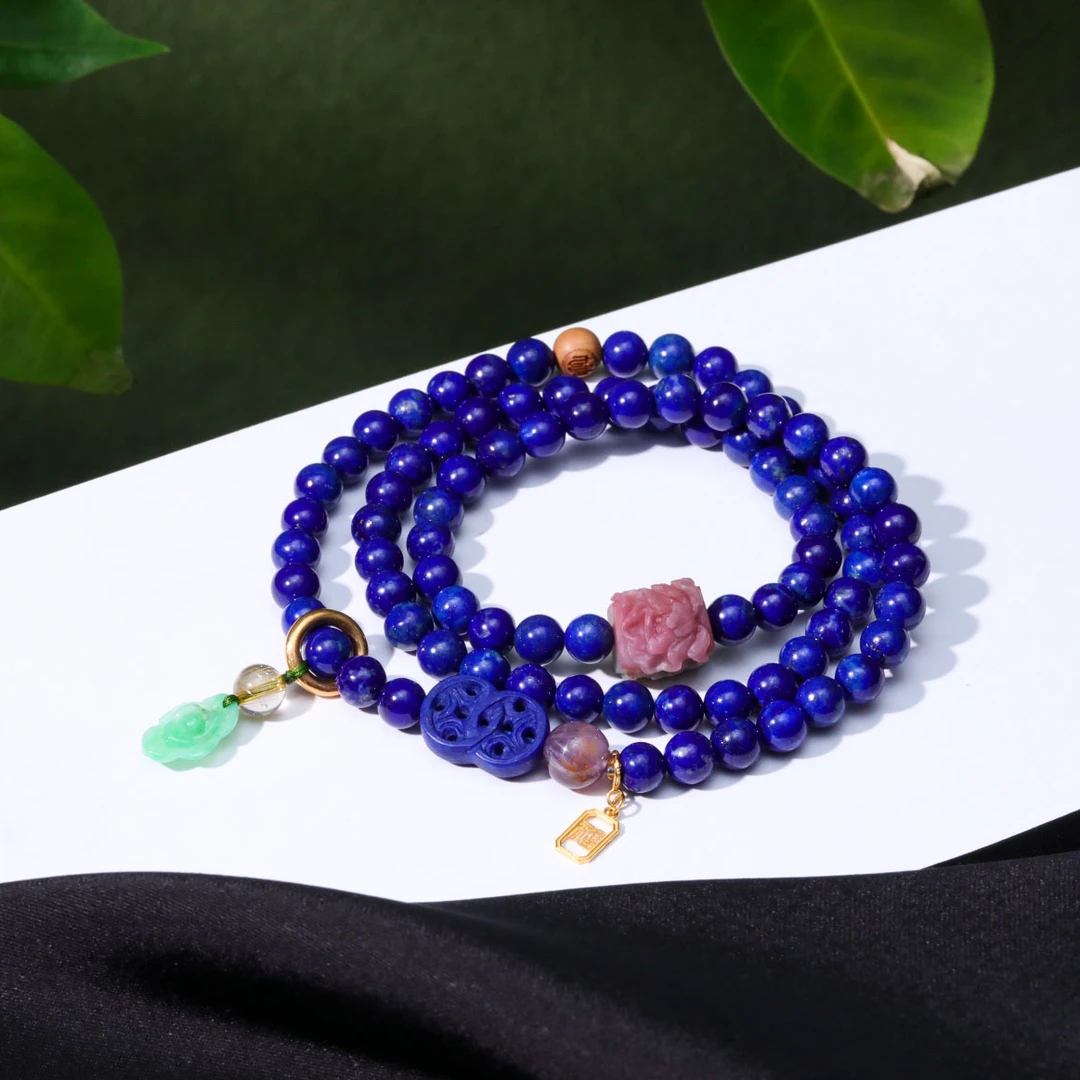 【意婵】《京城》18k金天然原矿色帝王青金石多圈盐源翡翠水晶-916036