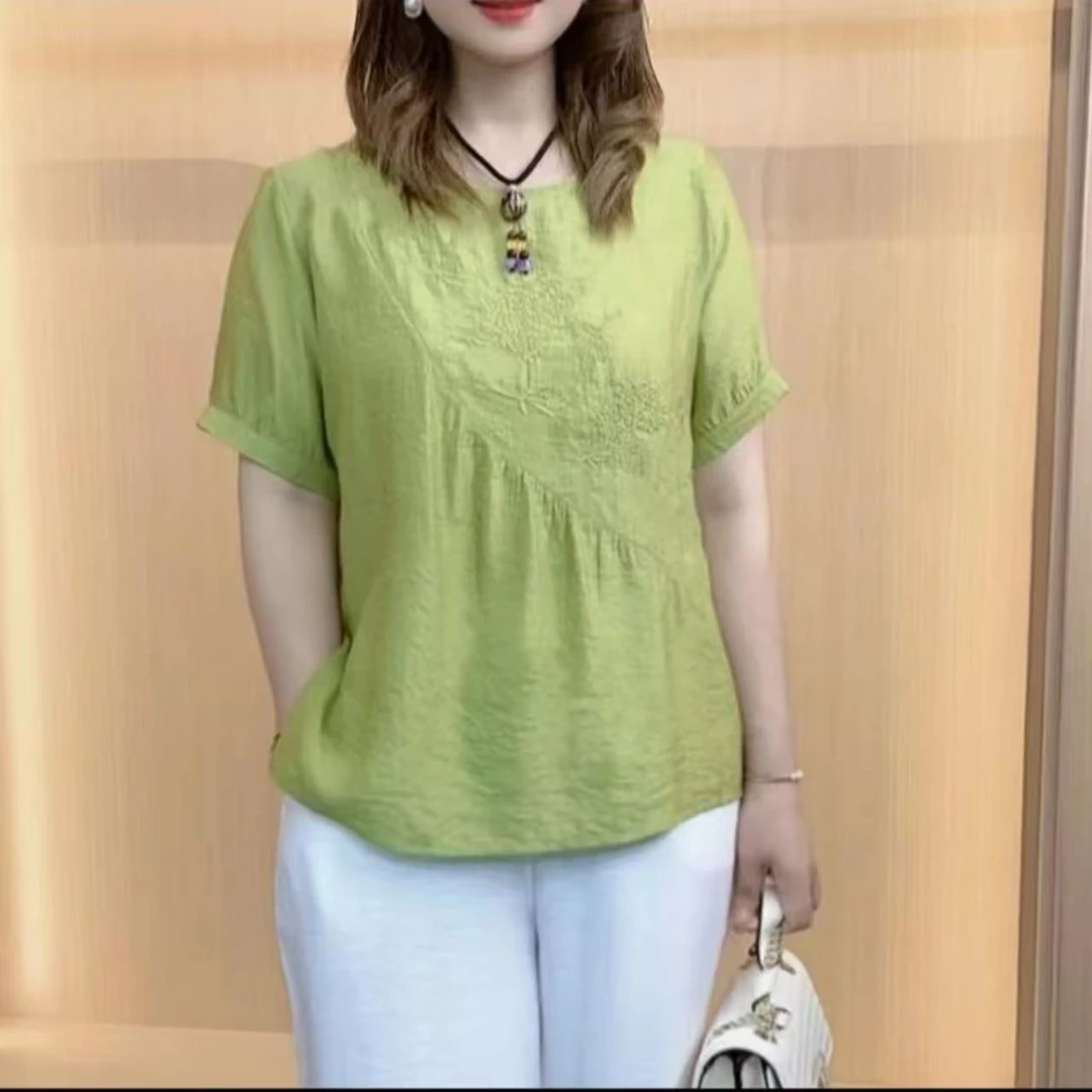 2025春季新款冰丝刺绣百搭宽松妈妈上衣小衫薄款起皱冰丝绉上衣女