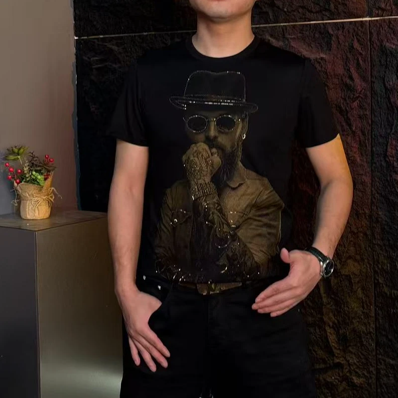 2025帅气帽子圆领薄款夏季短袖3D效果T恤修身男士帅气春夏潮流