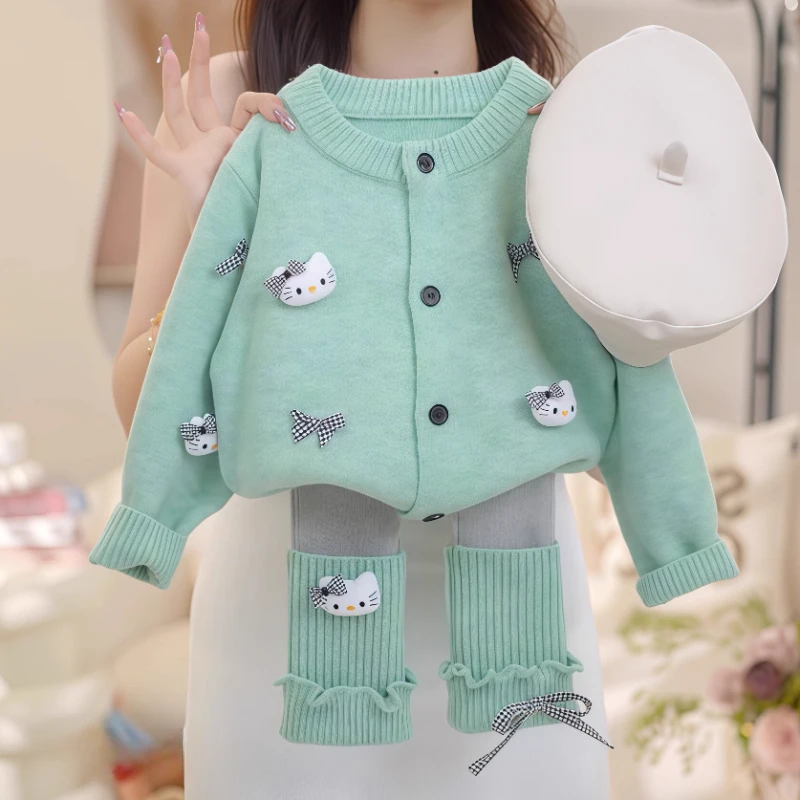 女童蝴蝶结针织开衫秋冬2025新款女孩甜美卡通毛线外套加厚打底衫