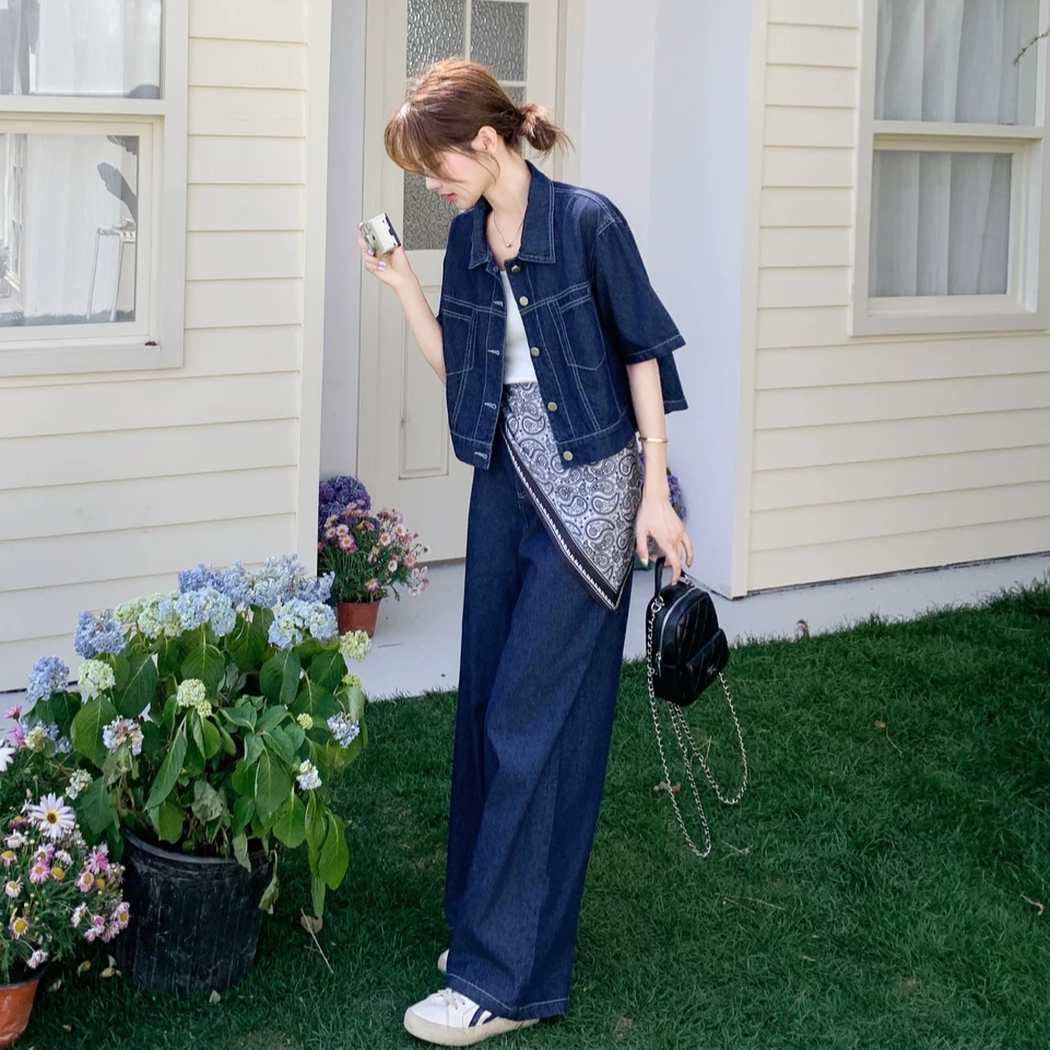 港风休闲气质牛仔阔腿裤套装女夏又酷又飒大方得体穿搭爆款两件套