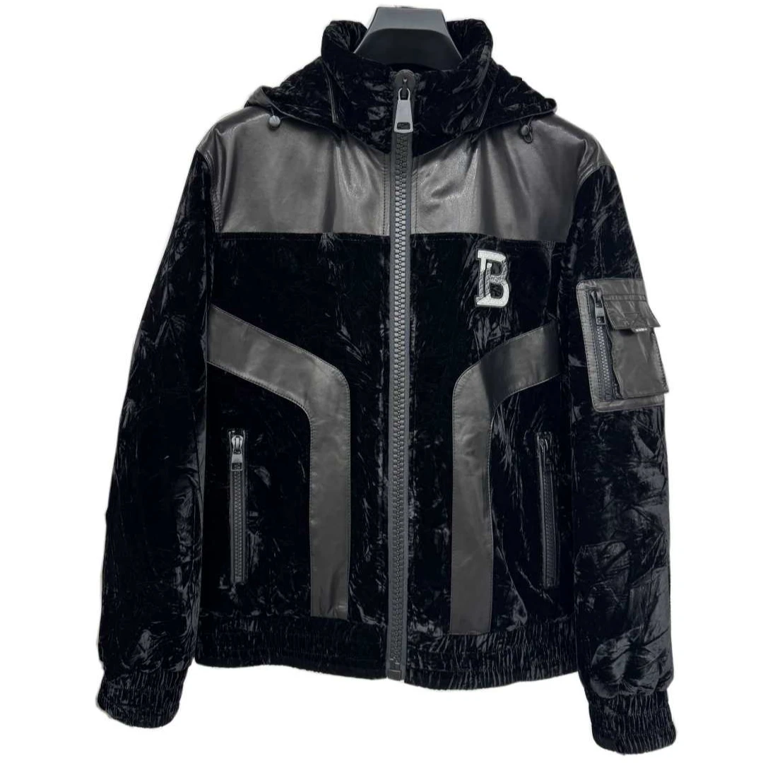 AipuDongni/艾普东尼男士冬季新款轻奢休闲时尚丝绒拼真皮羽绒服