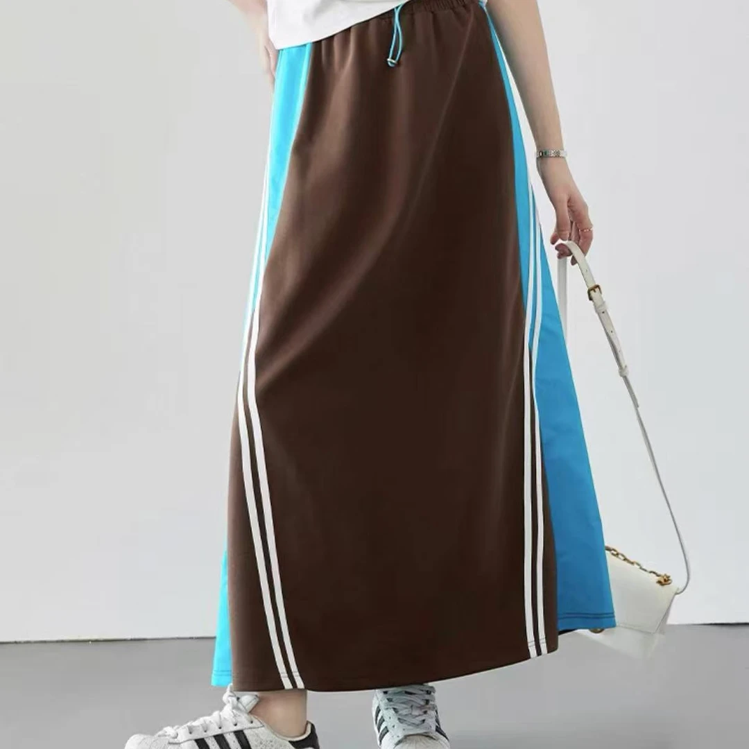 【TD】牛仔拼接半身裙女2025春秋新款高腰百搭休闲显瘦中长裙0215