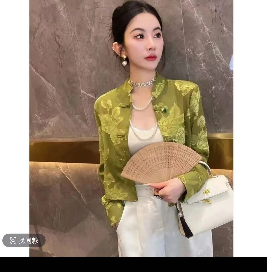 新中式提花立领短款外套2024春夏新款百搭显设计感防晒长袖衬衣女