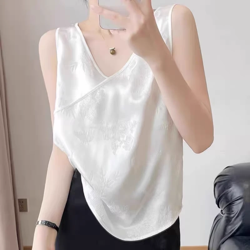 高级感缎面V领吊带背心女夏新款宽松无袖提花花萝洋气内搭880背心