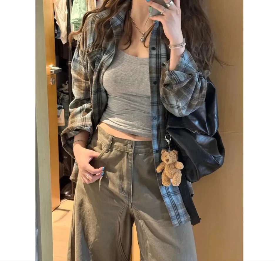 法式复古高级感格子衬衣外套女宽松长袖慵懒休闲早秋时尚衬衫上衣