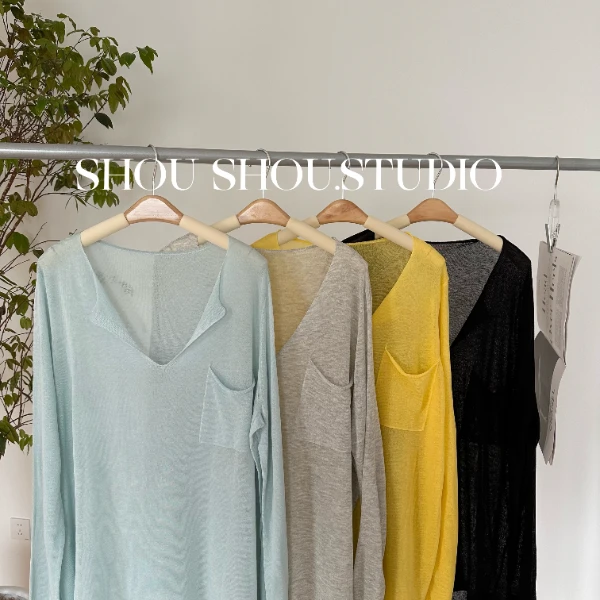 【瘦瘦】大码夏季V领带口袋莱赛尔亚麻正肩显瘦防晒长袖S01582