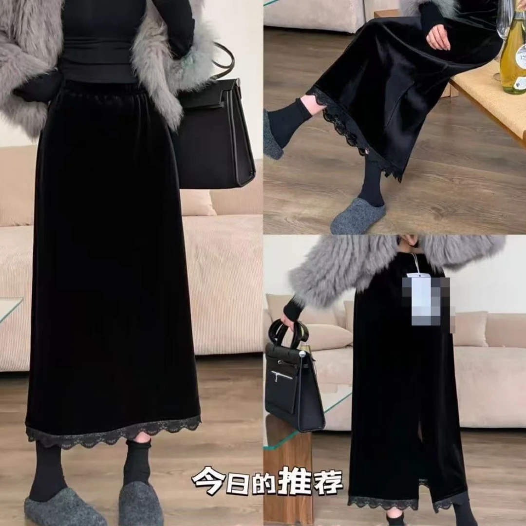WYFS春款丝绒花边开叉半裙
