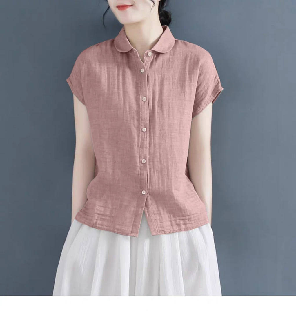 【现货+退换包邮】短袖衬衫女夏季圆领设计感宽松棉麻大码上衣349