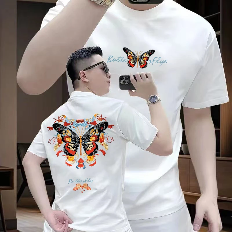 2025夏季新款时尚中国风印花蝴蝶百搭休闲男士民族风半袖圆领宽松