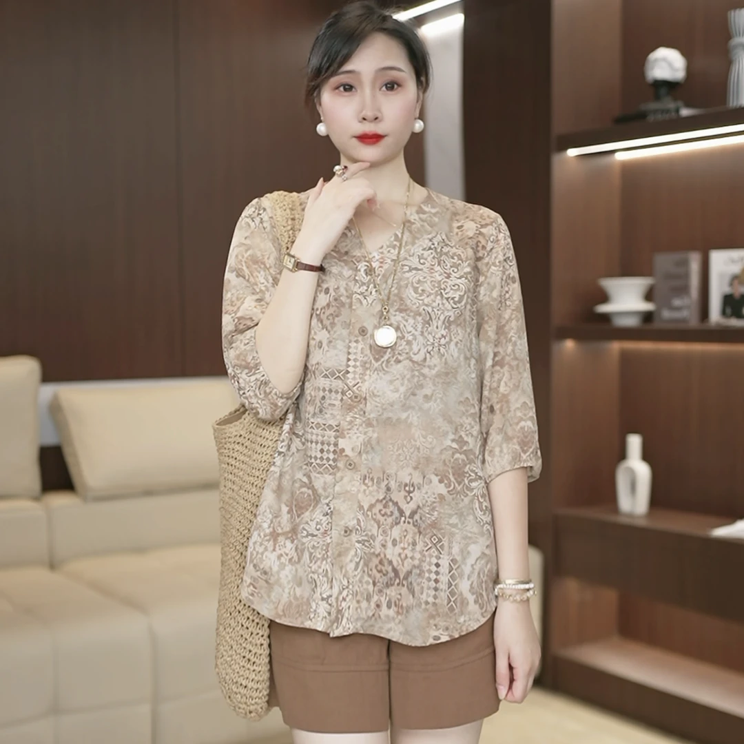 夏季轻奢洋气设计感复古印花衬衫女时尚气质别致百搭显瘦上衣3276