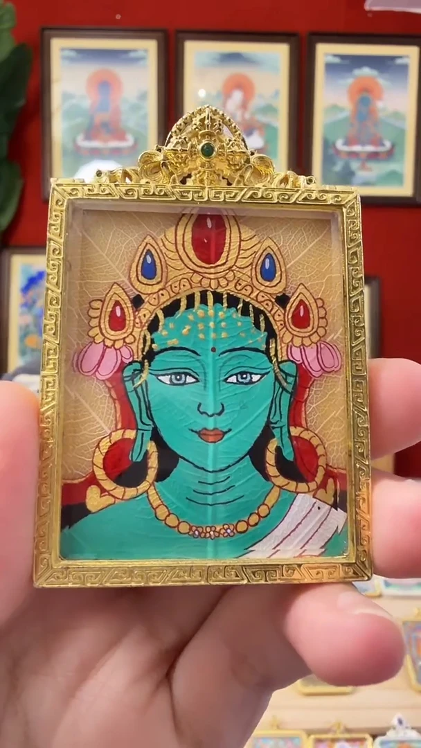 吊坠菩提叶绿妈妈-热贡纯手绘唐卡吊坠