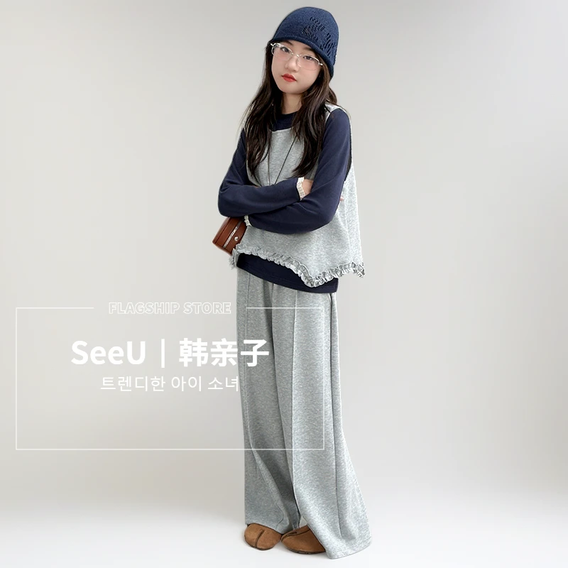女童套装韩系穿搭秋季2025新款儿童打底衫马甲阔腿裤三件套大童