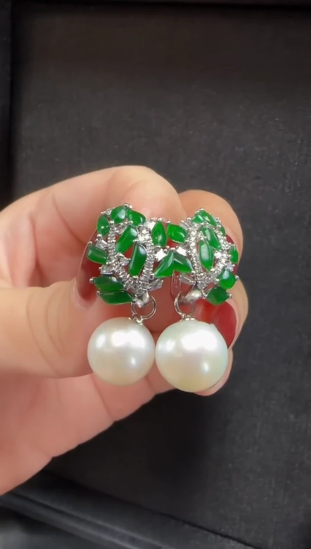 18K金镶嵌翡翠耳饰642麦穗一对