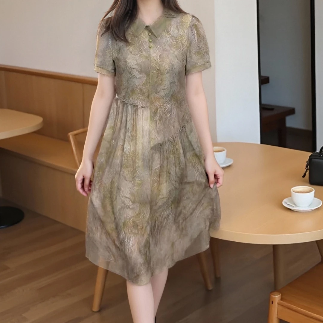 001洋气连衣裙2025夏季新款收腰显瘦遮肉气质减龄时尚中长款裙子