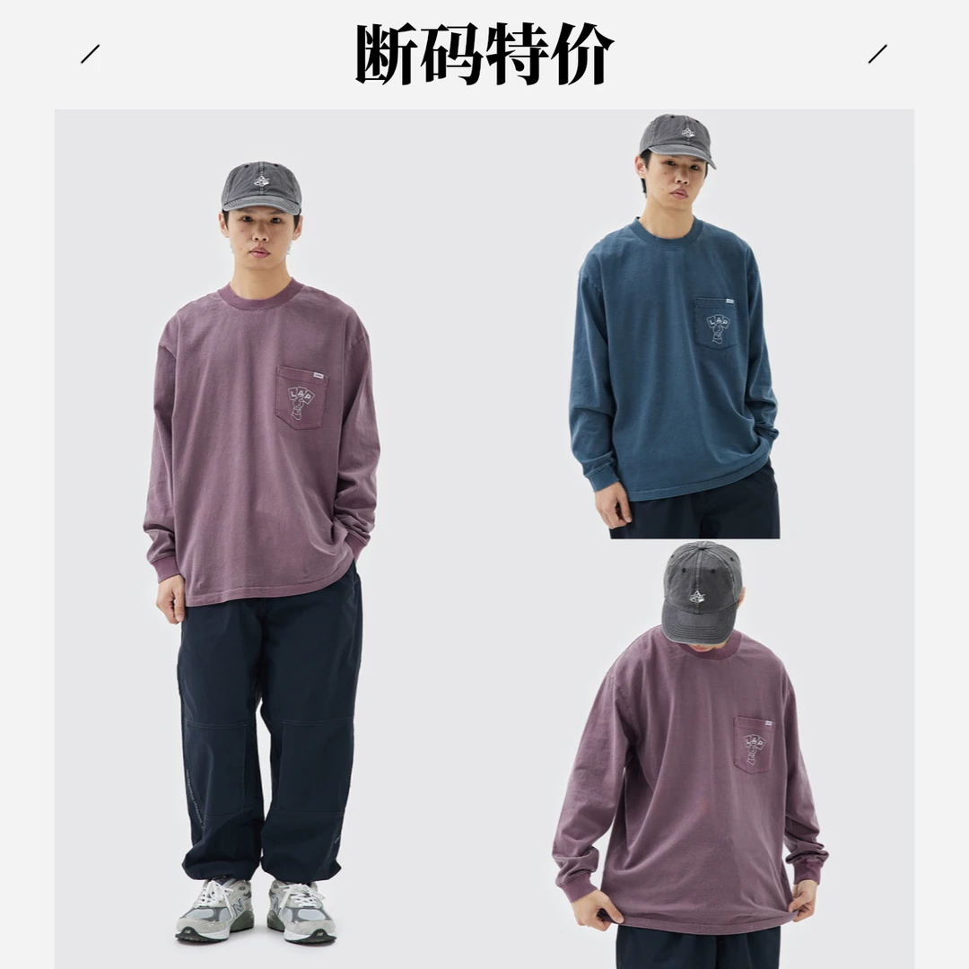 LAPRIMA POCKET PRINT LOOSE SLEEVE圆领口袋印花lap水洗宽松长袖