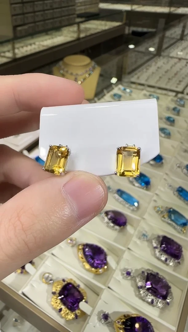 银S925镶嵌耳饰黄晶10*8mm耳钉