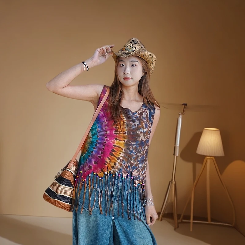 泰国曼谷手工扎染时尚百搭民族风个性流苏沙滩夏季女士吊带背心