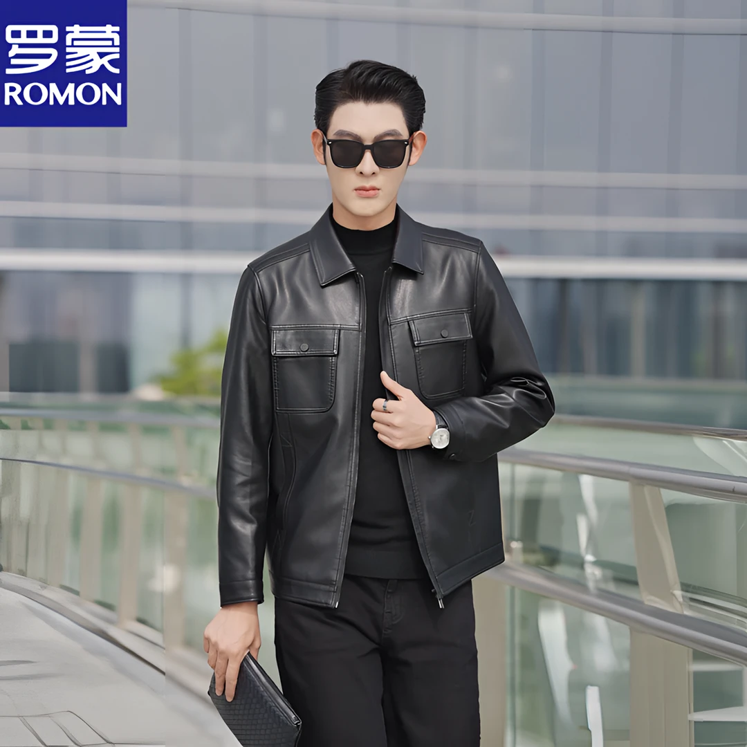 Romon/罗蒙2026春季新款男士皮衣休闲潮流翻领中青年外套百搭修身