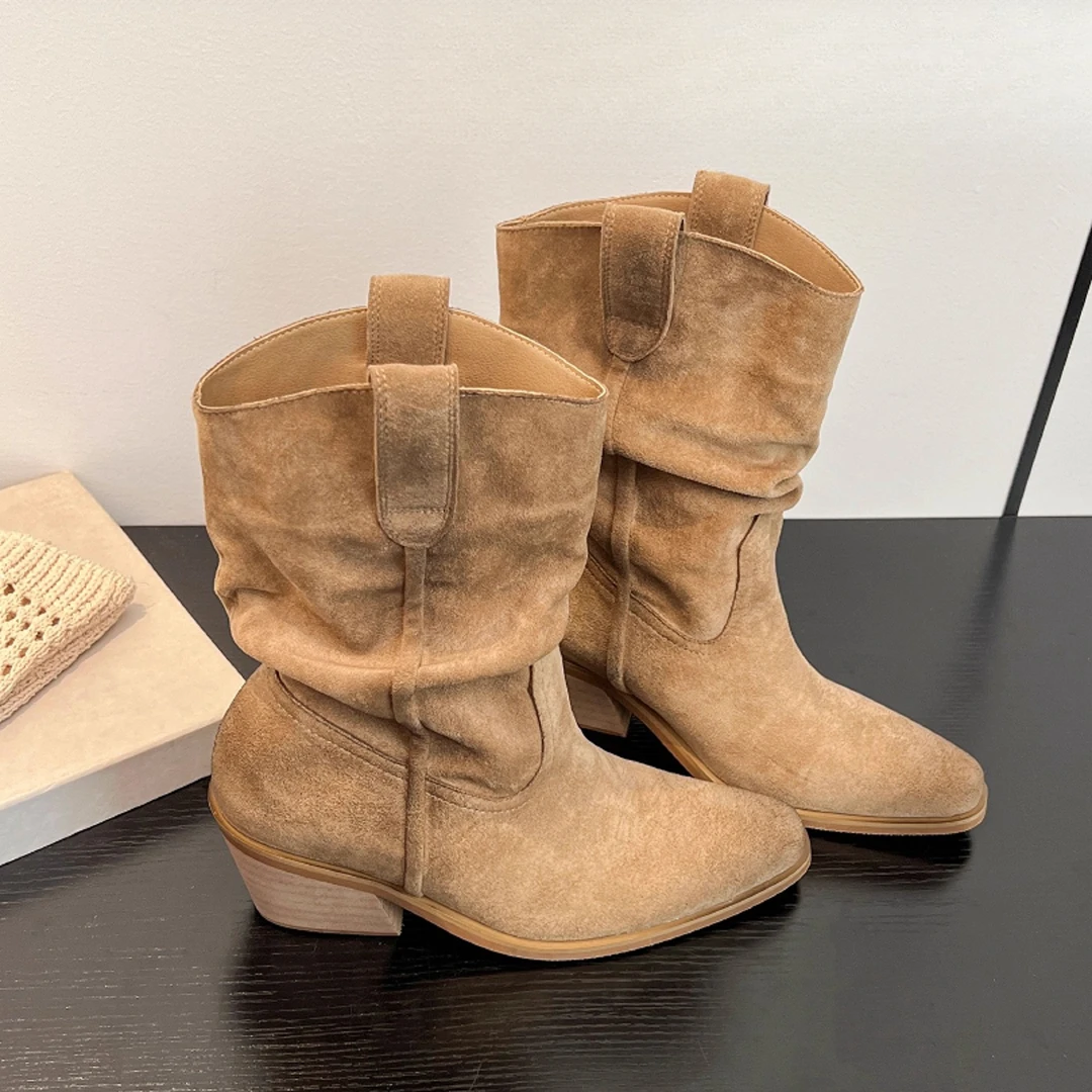 软皮版赵露思同款尖头堆堆靴短靴女高跟复古西部牛仔骑士靴马丁靴