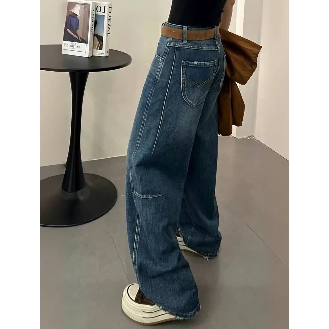 十三行复古蓝植绒宽松弯刀裤欧货高腰阔腿气球裤牛仔裤子女3189