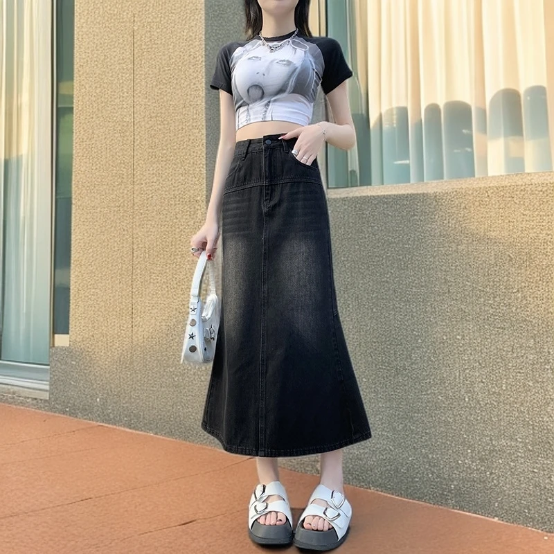 复古牛仔半身裙女夏季2025新款小个子高腰显瘦垂感开叉a字中长裙