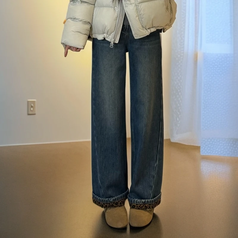 宿慕SUMU复古豹纹拼接植绒牛仔裤女10-16冬季韩版百搭牛仔裤35090