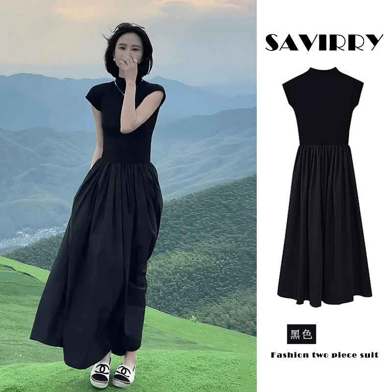 赫本时尚长裙气质半高领黑色裙子梨型身材连衣裙微胖mm显瘦小黑裙