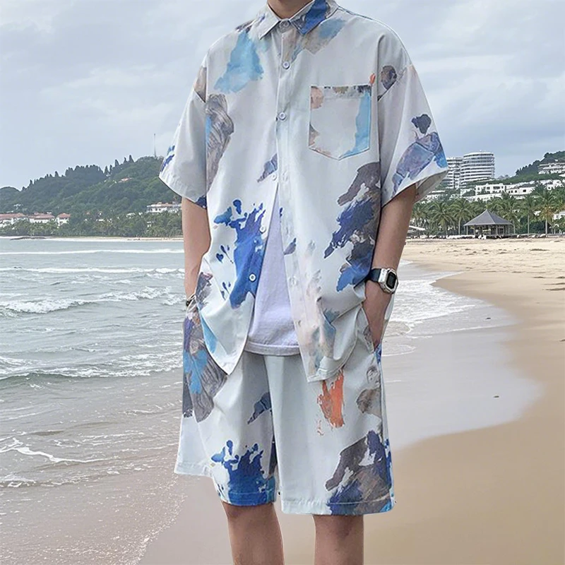涂鸦短袖花衬衫男夏季沙滩裤青少年套装潮流宽松海边夏威夷两件套