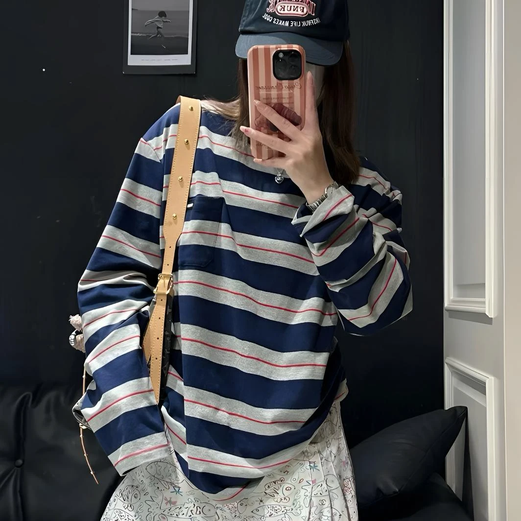 新品甜美风蓝灰色条纹长袖TEE宽松版型 简约棉质TEE网红款