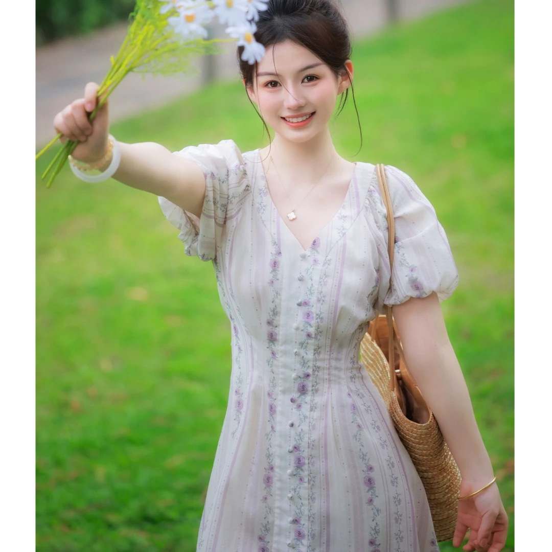 ON&ON/安乃安夏季韩系V领减龄泡泡袖系带收腰连衣裙N5SA1629707