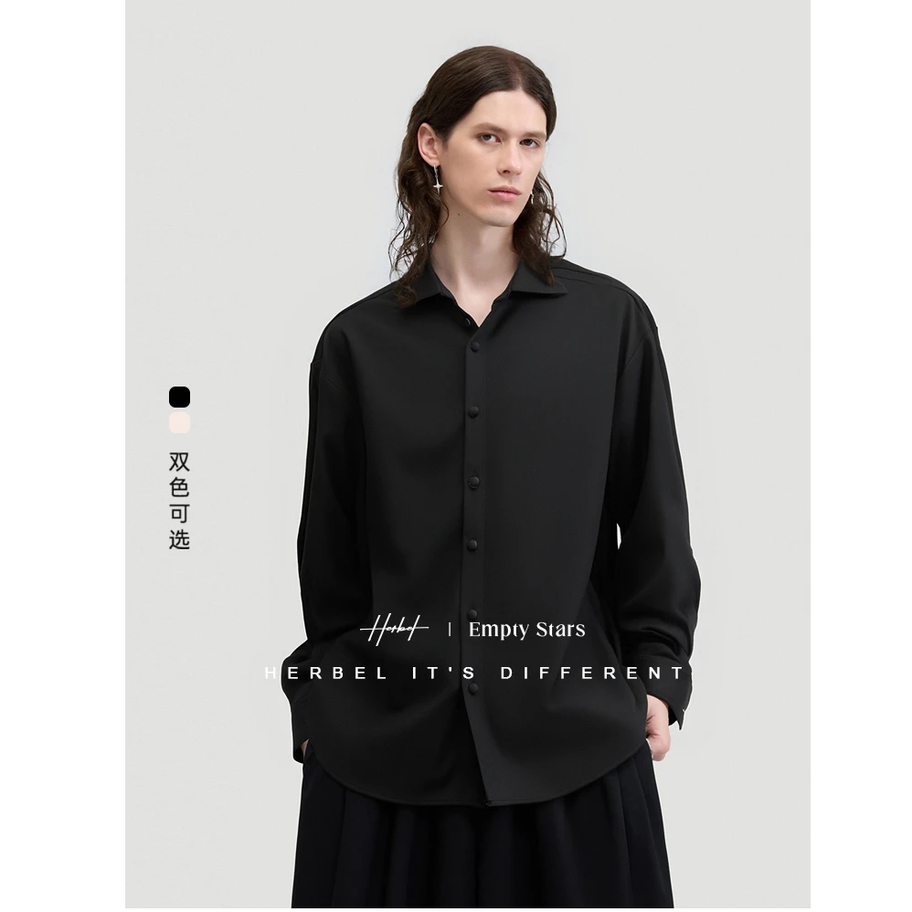 HERBEL/黑白2025秋季男士桑蚕丝长袖衬衫 休闲户外羊毛小众简约潮