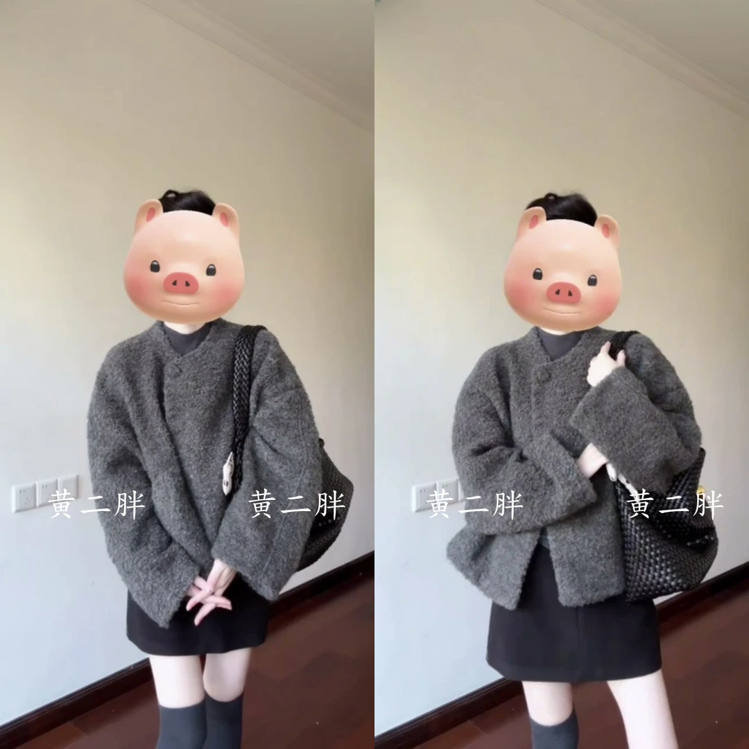 高级感慵懒灰色毛呢外套女秋冬新款小个子双面呢短款大衣+半身裙