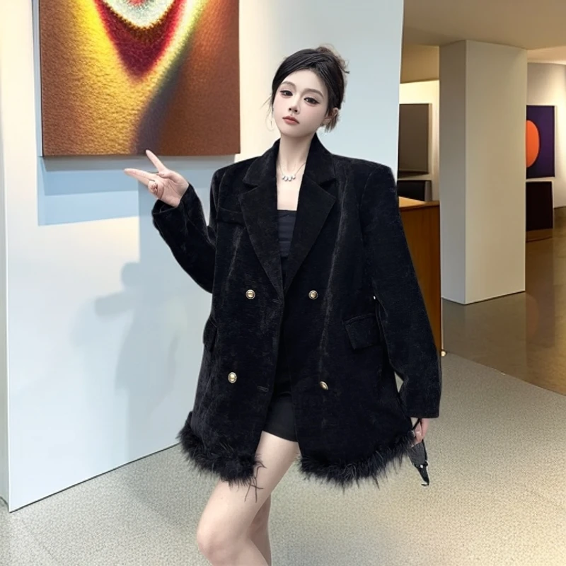 大码女装洋气时髦雪尼尔西装西装黑色西装高级感西装外套