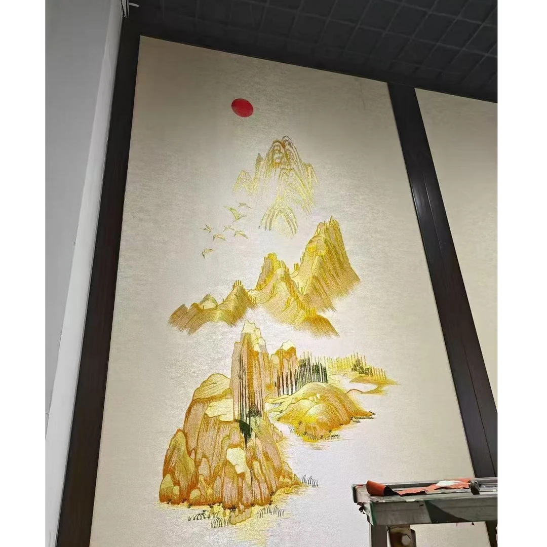 新中式刺绣工艺山水系列冉冉升起展示刺绣背景墙布玄关尺寸可定制