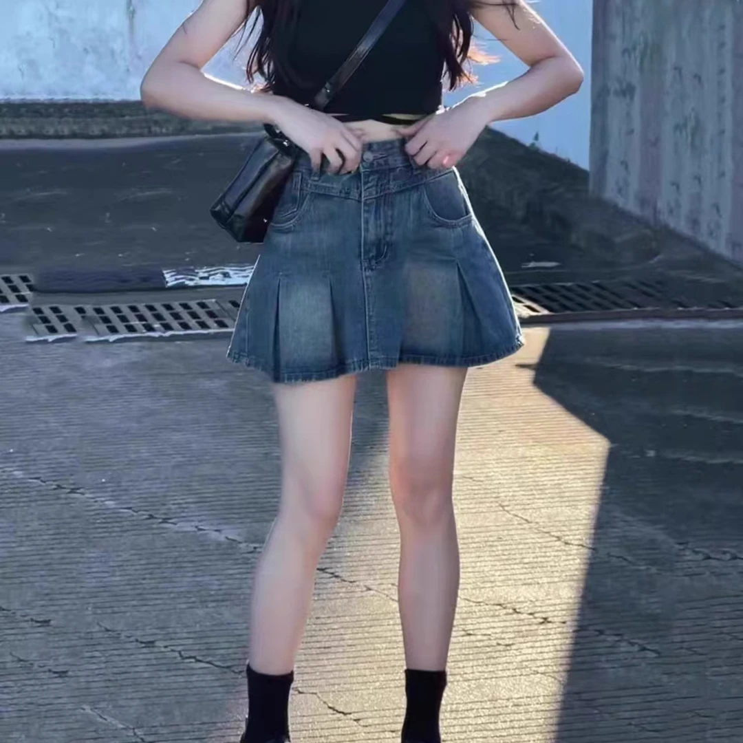 【柚柚】高腰牛仔百褶裙夏季新款辣妹半身裙百搭A字短裙88707