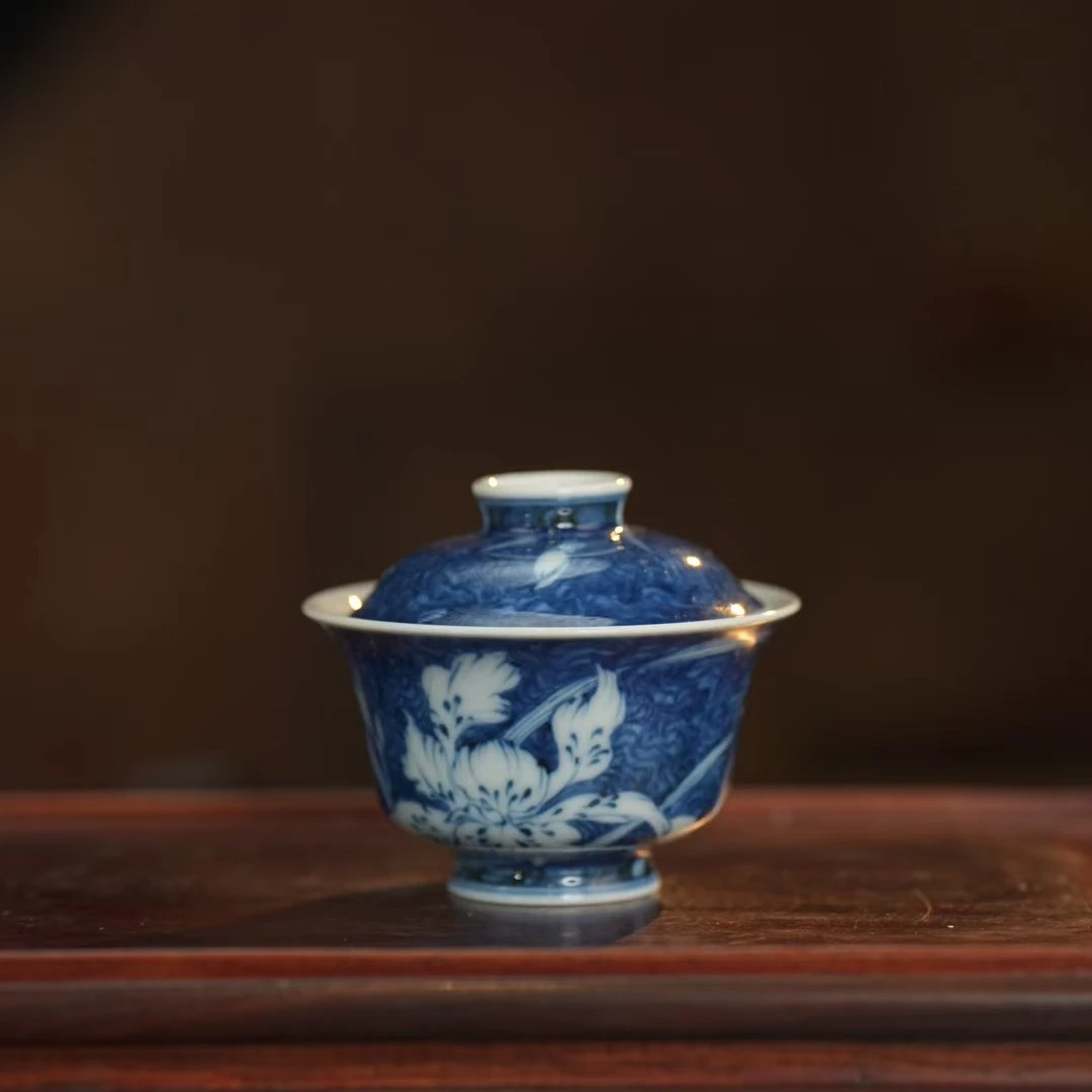 雨后丨湛蓝系列 蓝地鸢尾花盖碗125ML景德镇瓷器手工手绘茶杯茶具
