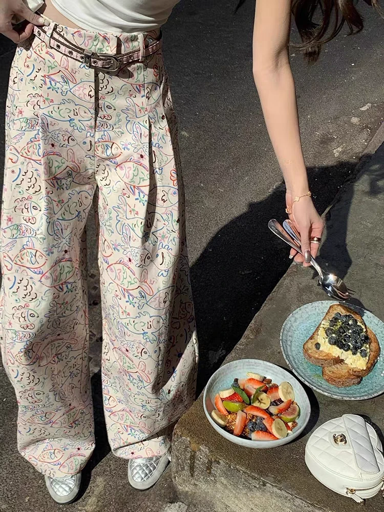 发财小鱼裤 2025春季新款小香百搭休闲印花彩绘显瘦高腰裤