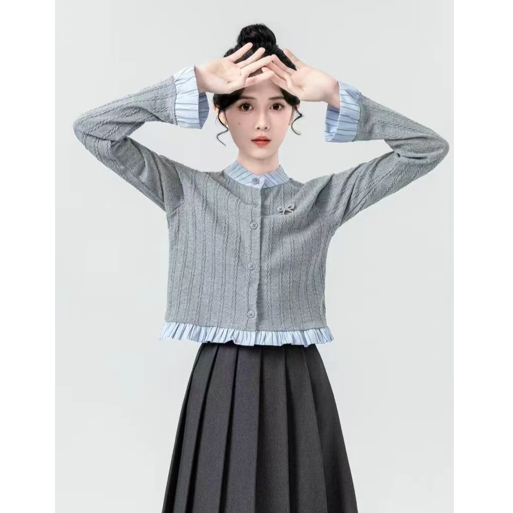 灰色假两件针织开衫女春秋2025新款设计感+长裙套装