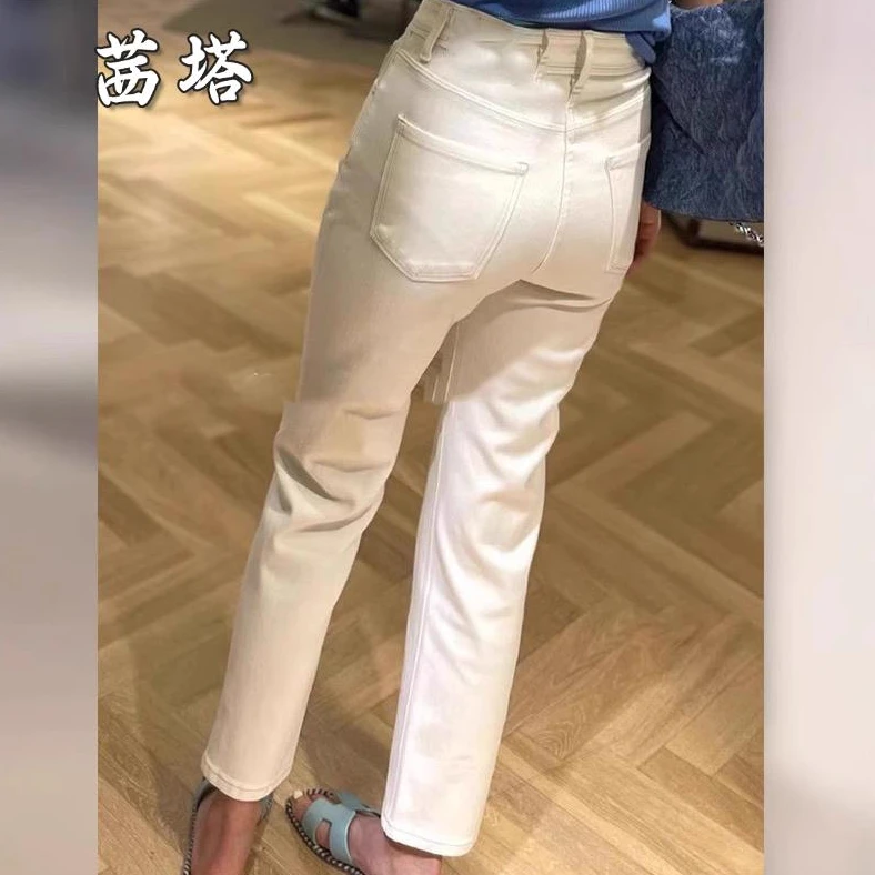 米白色直筒牛仔裤女夏季薄款八分九分小个子高腰弹力烟管法棍裤子