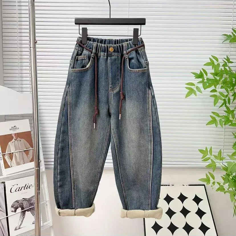 【现货清仓~断码不补】加绒男童秋冬韩版百搭慵懒设计款牛仔裤00372