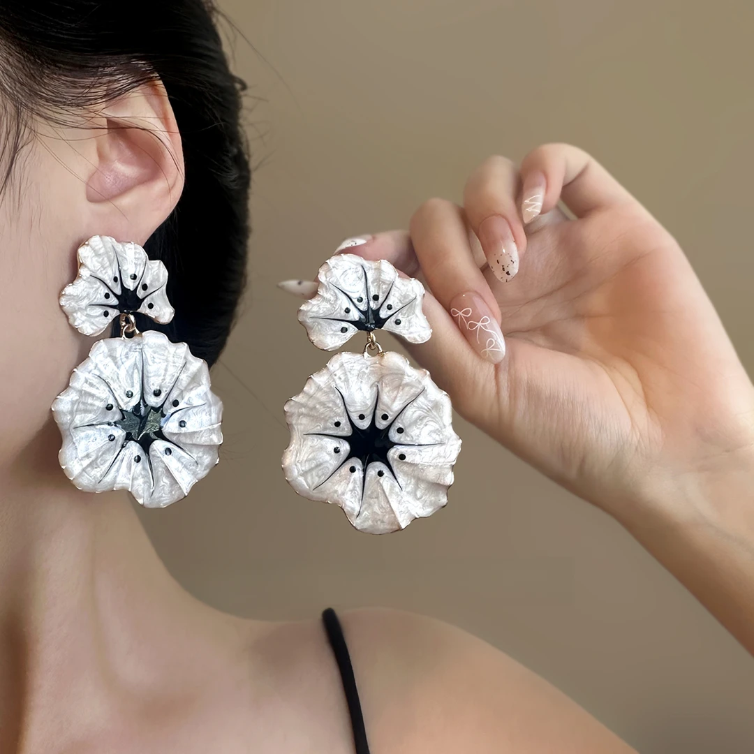 铜合金耳饰 复古做旧滴釉花朵耳钉高级夸张气质耳环小众设计中古