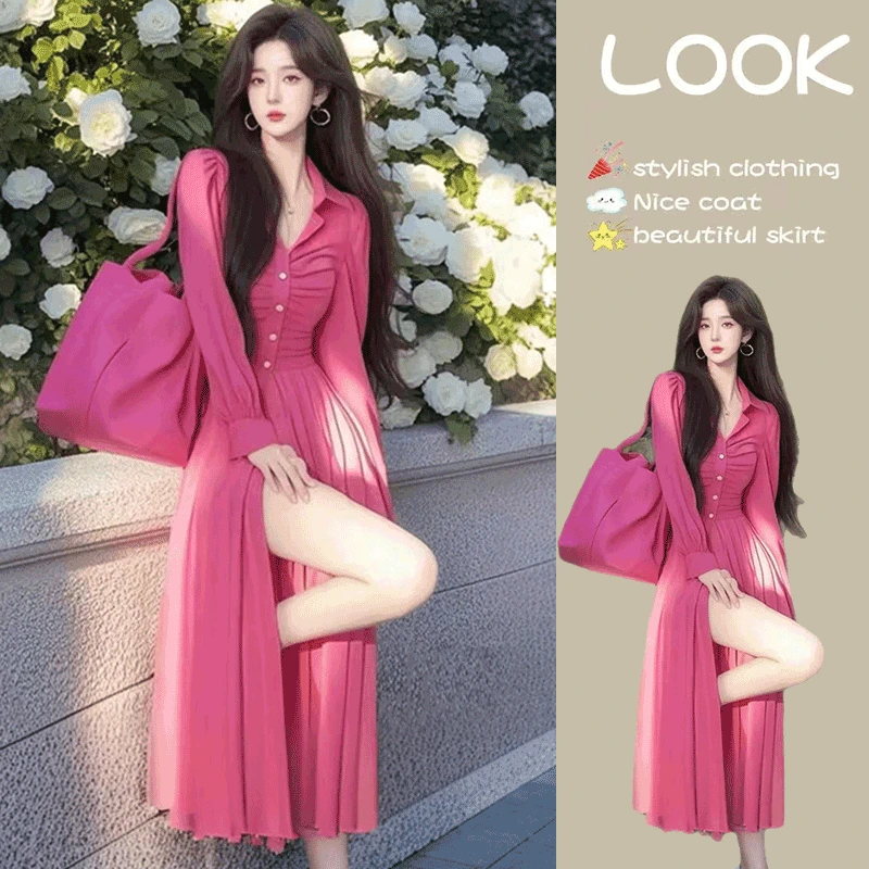 法式绝美气质名媛衬衫连衣裙2025春季新款时尚上流社会长裙子女装