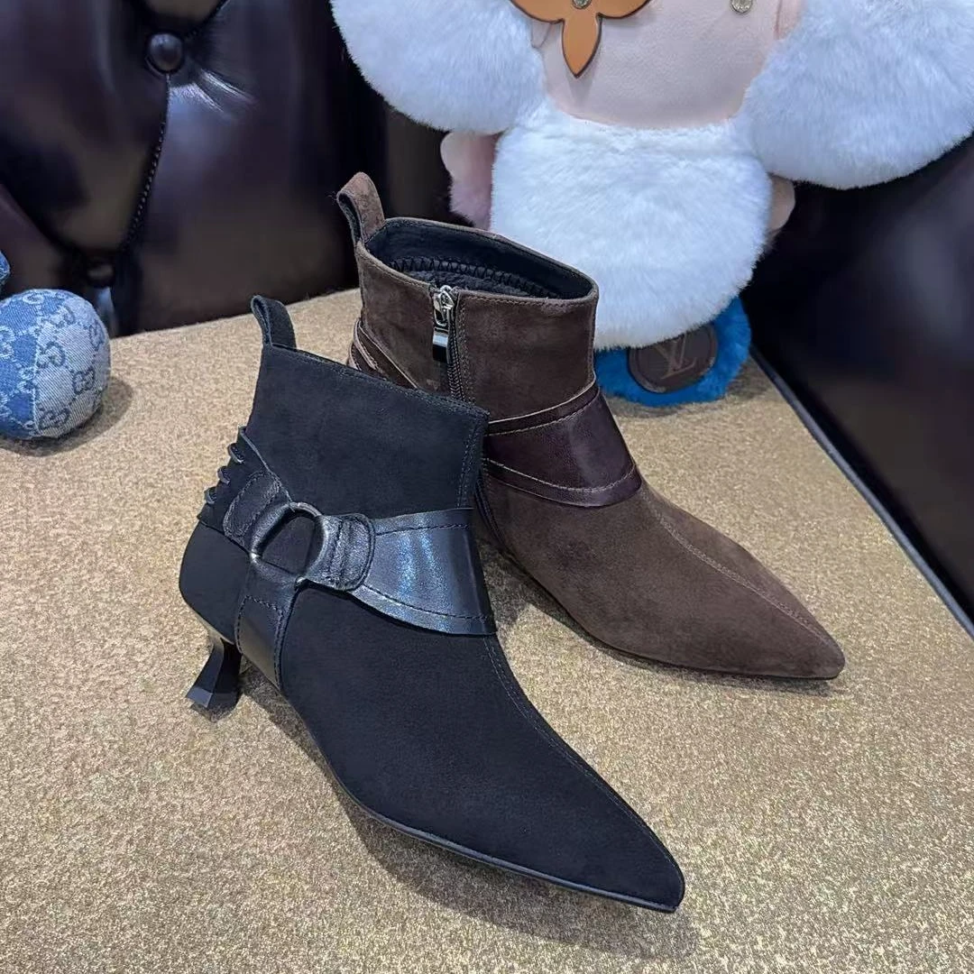 [大韩韩]秋季新款2036-5羊京皮尖头气质细跟3CM左右跟短靴