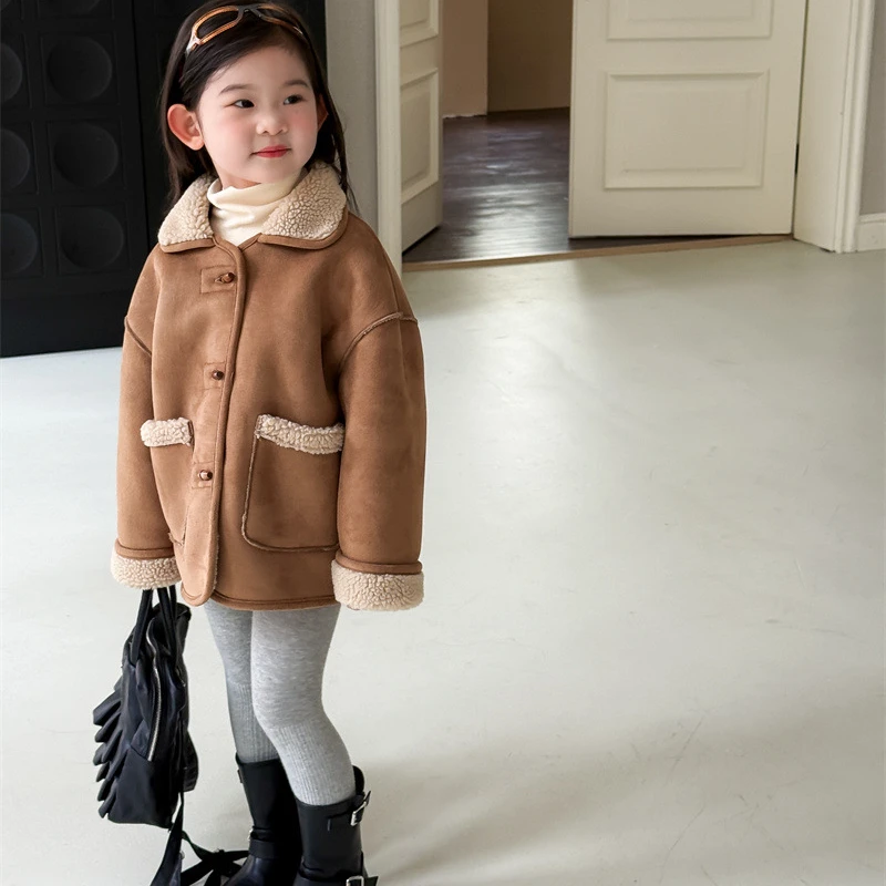 2025冬季新品 韩版童装 女童麂皮绒复合羊羔毛外套 加绒加厚外套