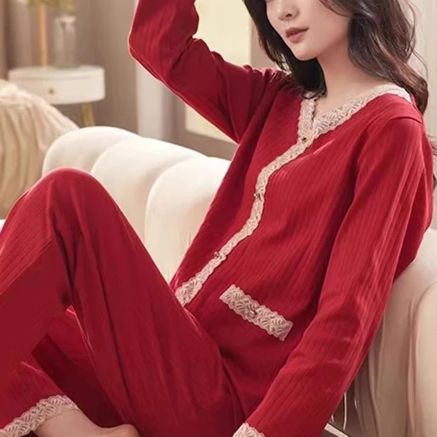 维多利亚新款薄款女红色纯棉长袖睡衣套装本命年家居服适婚宽松