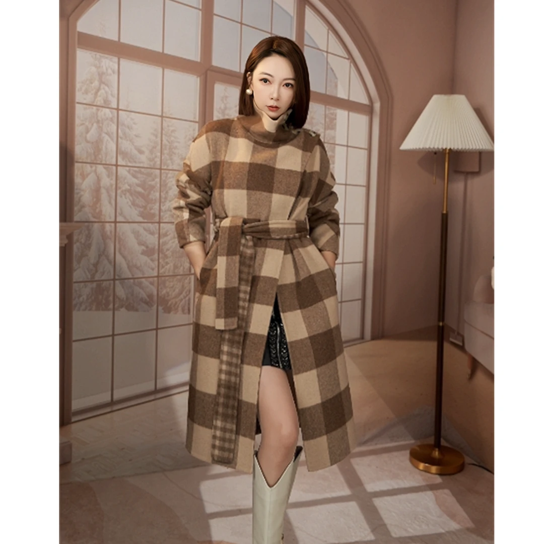 手工高级定制款双面羊毛大衣带格纹时尚超立领女装设计师Q2298KJ