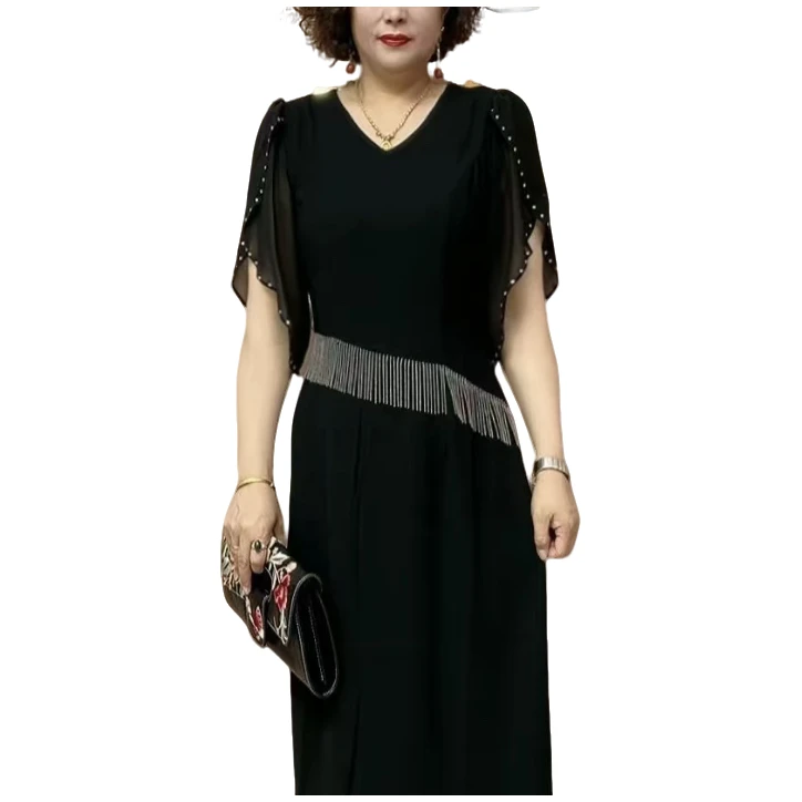 洋气流苏设计遮肉显瘦时尚女士夏季气质黑色长款妈妈装连衣裙