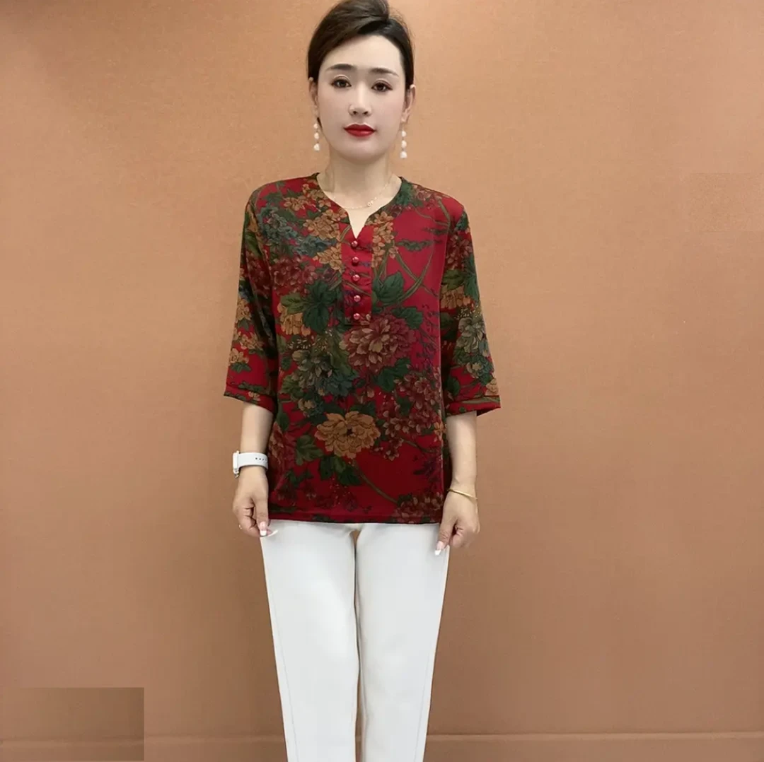 2025年精品时尚妈妈装中袖印花休闲小衫中老年减龄百搭上衣素